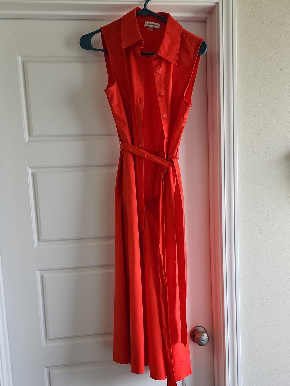 Calvin Klein Vibrant Orange Sleeveless Shirt Dress with Tie Waist